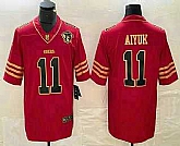 Men's San Francisco 49ers #11 Brandon Aiyuk Red 75th Patch Golden Edition Stitched Nike Limited Jersey,baseball caps,new era cap wholesale,wholesale hats
